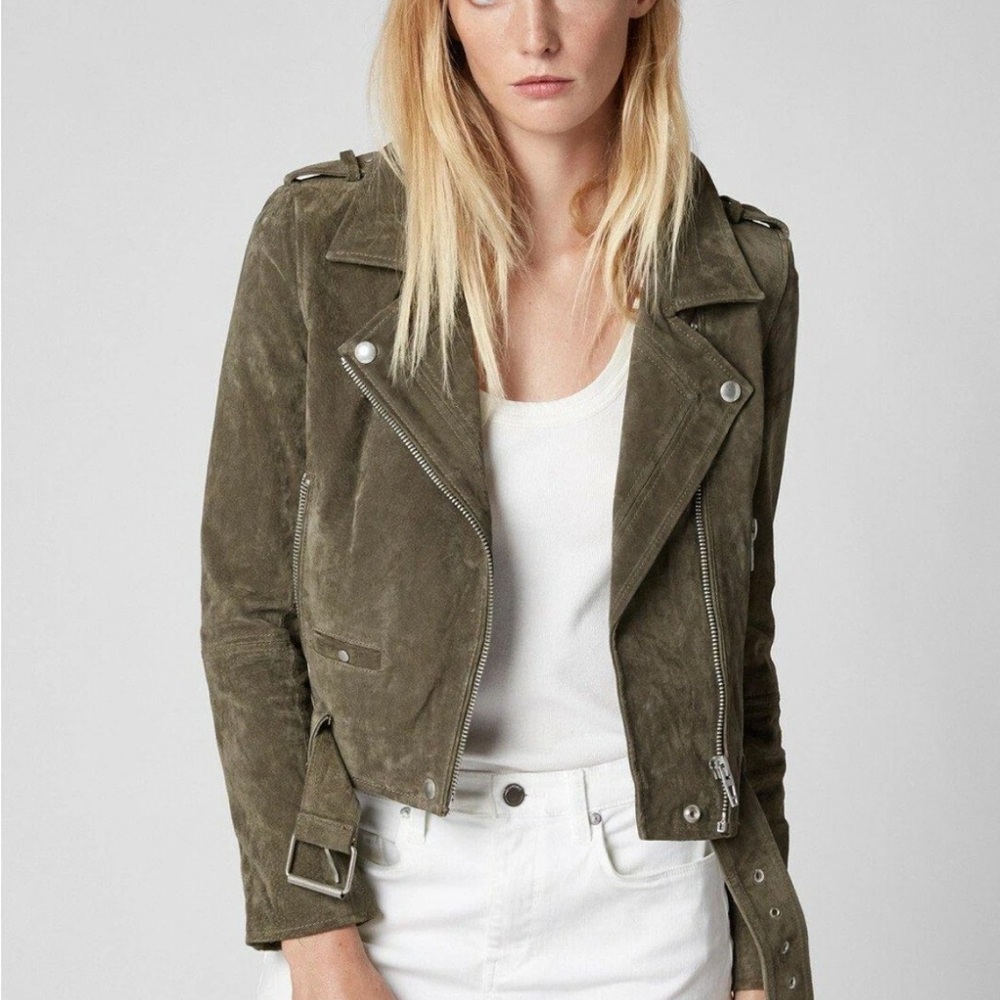 BLANKNYC Herb Green Suede Moto Jacket Belted Biker Leather Jacket M NWOT - Picture 6 of 16